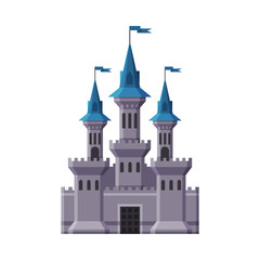 Medieval Castle, Fairytale Stone Fortress with Towers and Blue Flags, Ancient Fortified Palace Exterior Vector Illustration