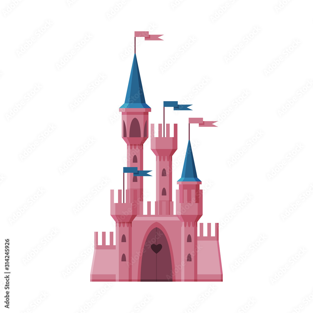 Poster pink medieval fairytale castle, fortress with towers, ancient fortified palace exterior vector illus