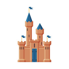 Medieval Castle, Fairytale Fortress with Blue Towers, Old Stone Fortified Palace Vector Illustration