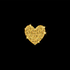 Gold glitter vector heart. Golden sparcle St. Valentines day card. Luxouy design element. Amber particles on black background.