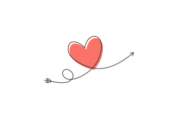 Cupid s arrow in the continuous drawing of lines in the form of a heart and the text love in a flat style. Continuous black line. Work flat design. Symbol of love and tenderness.