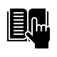 Open book with hand pointing, solid style icon