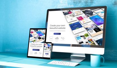 responsive devices with website builder home on blue studio