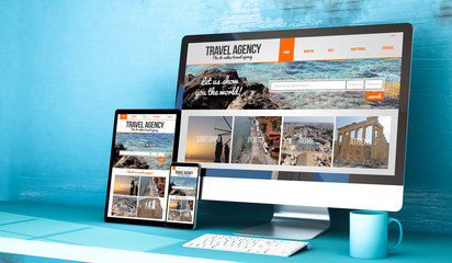 responsive devices with travel website on blue studio