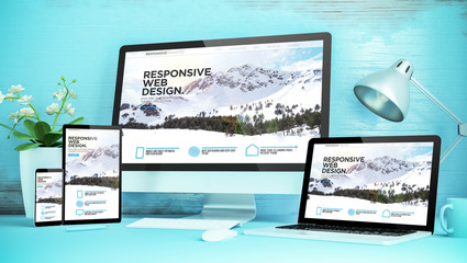 blue responsive desktop with devices showing responsive website