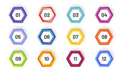 Set of hexagonal bullet point. Colorful gradient markers with number from 1 to 12. 