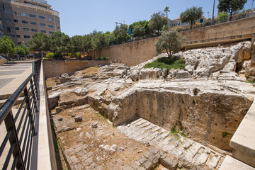 Fototapeta na wymiar Ruins of the Cisterns of the Roman Baths in downtown Beirut. Beirut, Lebanon - June, 2019