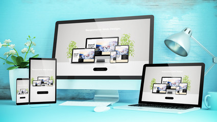 blue responsive desktop with devices showing responsive website