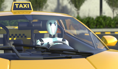 Robot taxi driver sits at the wheel of a yellow taxi. Car with autopilot. Future concept with smart robotics and artificial intelligence. 3D rendering.