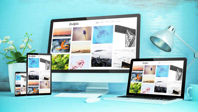 blue responsive desktop with devices showing responsive portfolio website