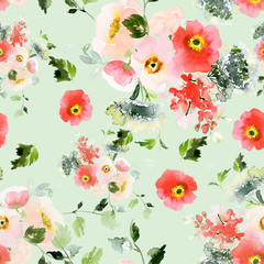 Seamless watercolor pattern with a bouquet of anemone on a mint background - 314248102