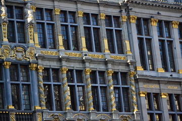 Brussels, Belgium - October 13th 2017 : Focus on the facade of the building La Brouette (Wheelbarrow), the house of the Corporation of the Grissiers.