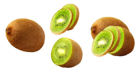 Fresh ripe kiwi fruit, whole, half cut, kiwi slices fruits set isolated. Kiwi design elements, studio shot focus stacking, white background. Raw tropical kiwi fruits, healthy diet nutrition clipart