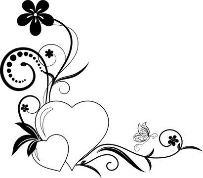 Hand Drawn floral element with heart and butterfly,Love elements,floral swirl design, concept for valentine
