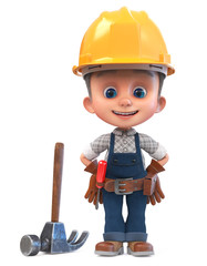 3D illustration funny boy in construction helmet and overalls/3D illustration Construction worker in overalls with a hammer and a screwdriver