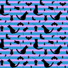 Seamless pattern with black cats and mouses in blue pink colors