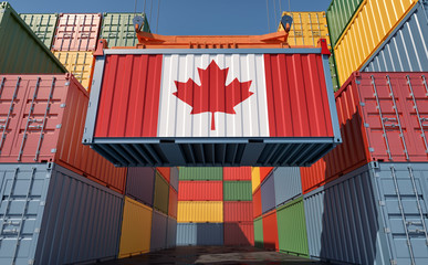 Container Terminal - Shipping Container with Canada flag. 3D Rendering