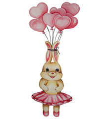 Watercolor illustration of a bunny in balloons