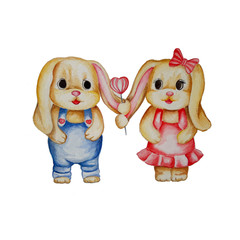  Watercolor illustration of a bunny with a candy