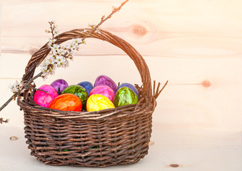 Hand-painted easter eggs in rainbow colors in a basket on a wooden background, decorated with cherry blossom. Springtime holidays concept