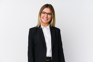 Young business caucasian woman happy, smiling and cheerful.
