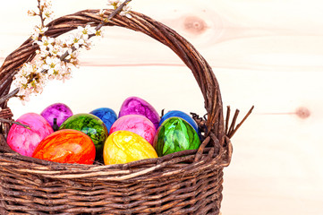 Hand-painted easter eggs in rainbow colors in a basket on a wooden background, decorated with cherry blossom. Springtime holidays concept