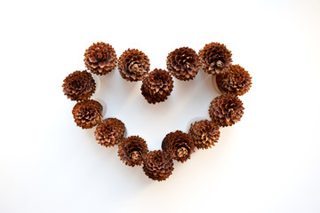 Pine cones heart shaped composition isolated on white background
