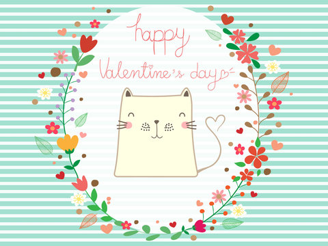 Beautiful greeting card with blue and white stripe background. Valentine flower wreath decor with white cute cat and text Happy Valentines day look so sweet and romantic. Beautiful vector art design.