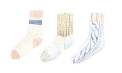 Hand painted watercolor illustration - cosy knitted socks in soft color scheme - pink, blue, beige, green.