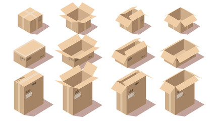 Isometric brown cardboard delivery package boxes open and closed. Vector set of empty different size storage boxes isolated on white background. Goods packaging for shipping, cargo transportation