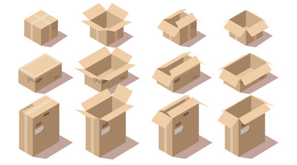 Fototapeta premium Isometric brown cardboard delivery package boxes open and closed. Vector set of empty different size storage boxes isolated on white background. Goods packaging for shipping, cargo transportation