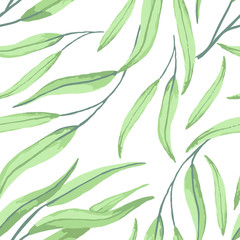 Seamless vector pattern. Green branches of eucalyptus on a white background. Eucalyptus in watercolor. Ideal for paper, gift and textile products. Design greeting cards and wedding invitations,