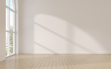 Mock-up of white empty room tihe arch window and wood laminate floor, sun light cast the shadow on the wall,Perspective of minimal inteior design. 3D rendering