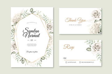 Wedding invitation card set with floral watercolor and golden geometric