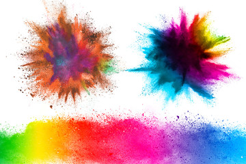 Multicolor powder explosion on white background.