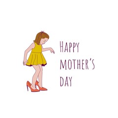 Cute funny little girl wearing big high-heeled mother's shoes. Vector illustration. Mother and daughter.