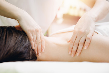Obraz na płótnie Canvas Massage professional of neck for sport woman in salon beauty spa