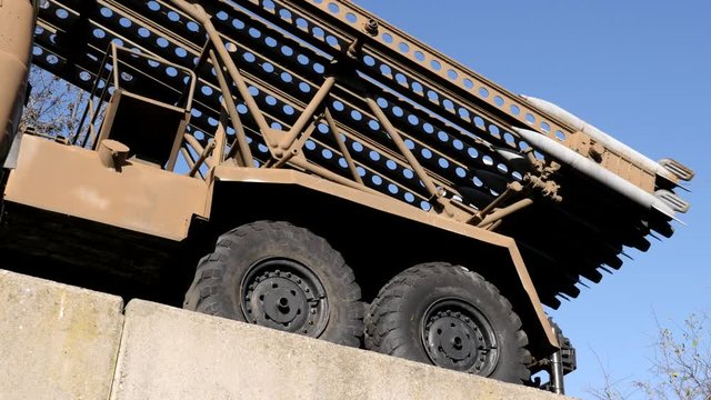 Details of Soviet Katyusha rocket launcher with missiles and launching rails 4K video