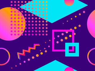 Memphis seamless pattern. Geometric elements memphis in the style of 80s with gradient shapes. Background for brochures, promotional material and wallpaper. Vector illustration