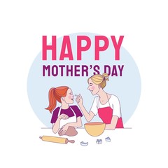 Happy mother's day vector illustration. Mother and daughter cooking together. Greeting card, poster illustration.