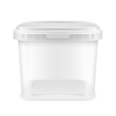 Transparent square empty plastic bucket. Front view mockup illustration.