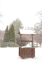 Snow on a background of a well from a tree and trees of a garden