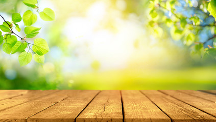 Naklejka na ściany i meble Beautiful spring background with green juicy young foliage and empty wooden table in nature outdoor. Natural template with Beauty bokeh and sunlight.