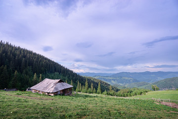 Fototapeta na wymiar Beautiful mountains landscape with green meadow and wooden house. Carpathians, Ukraine.