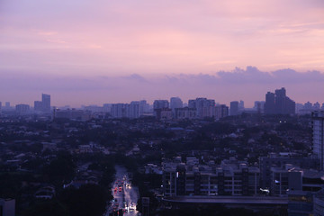 City Landscape in the Evening with Purple sky