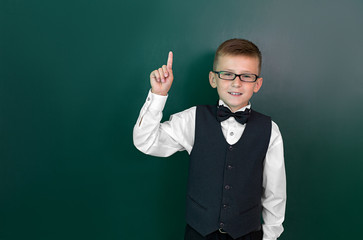 Happy cute clever boy with a bow tie and in glasses had an idea. First time to school. Back to school.