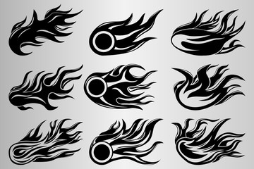 Set of nine black and white drawings of the fire. Fire tattoo illustration.