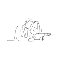 continuous line drawing of business man and business woman discussion at the table vector illustration