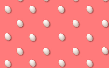lots of white eggs on a pink background. Flat lay. Top view. Happy Easter concept