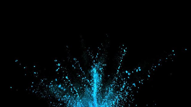 Realistic blue explosion on black background. Slow motion movement with quick acceleration and fall